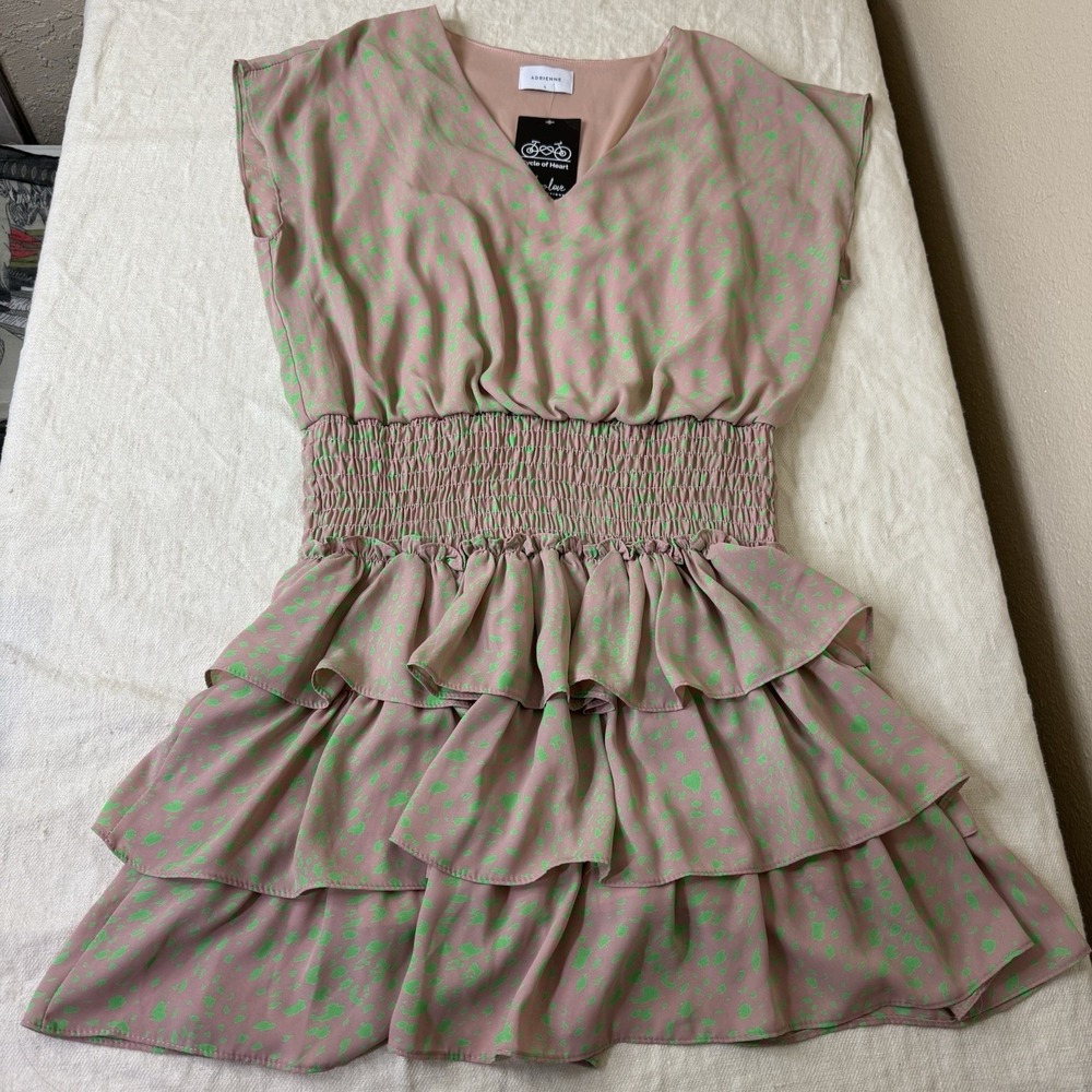 Adriene A-Line Mini Dress Size L Smocked Tiered Ruffle Coquette Feminine Flirty - Picture 11 of 11